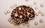 Side view of a figure of a brain overlaid with puzzle pieces